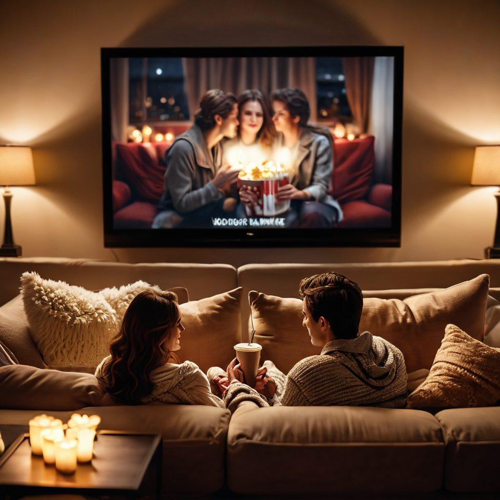 A cozy living room setting with a couple snuggled up on a couch, surrounded by soft pillows and a warm blanket, watching a classic romantic movie on a large screen. Soft ambient lighting creates an intimate atmosphere, with popcorn and drinks on a stylish coffee table. Include heart-shaped decorations in the background to enhance the romantic theme. warm colors. super-realistic. soft focus.