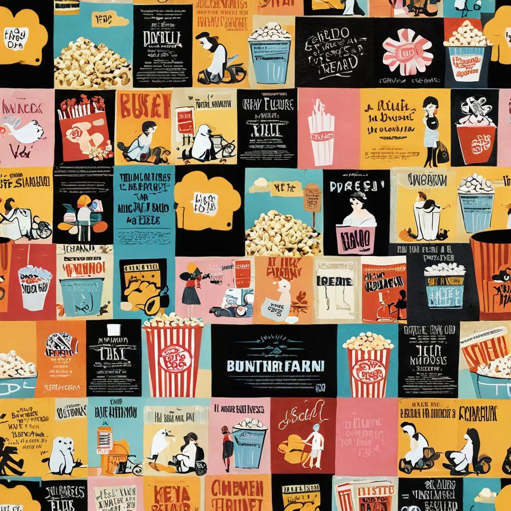 A collage of iconic movie scenes showcasing both chick flicks and epic dramas, featuring a romantic couple in a warm embrace, juxtaposed with a dramatic, passionate moment from a classic drama. Include elements like a popcorn bucket and a film reel, blending soft pastel colors with bold, dramatic shadows. The background hints at a cinema setting with vintage film posters. cinematic style. vibrant colors. collage.